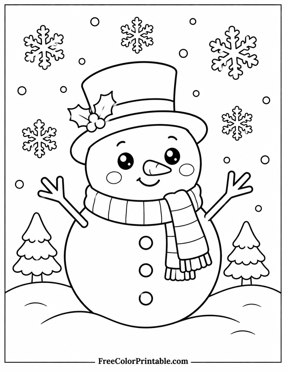 Snowman in a snowy winter scene Coloring Page — Free Printable — free printable coloring page